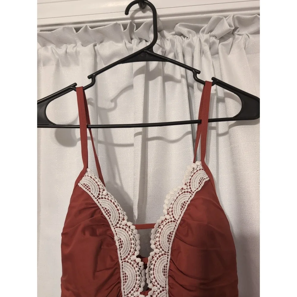 NWT Time and True One Piece Embroidered Front High Leg Low Tie Back Sz. M (8-10)